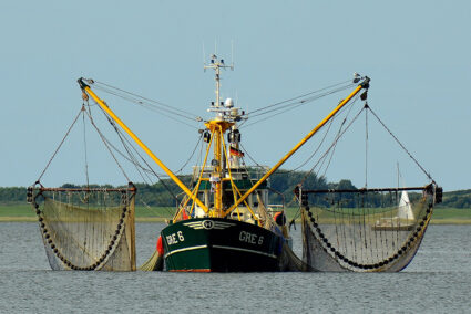 Ein Fischkutter mit ausgefahrenen Netzen vor Borkum