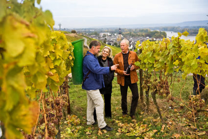 Pärchen bekommt eine Führung von einem Weinleser durch einen Weinberg in Cochem