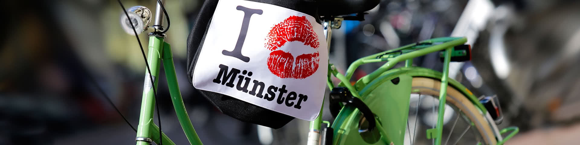 Grünes Fahrrad mit Münster-Tasche in der Altstadt von Münster