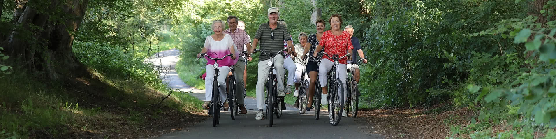 Eine Gruppe macht eine Radtour durch einen Wald