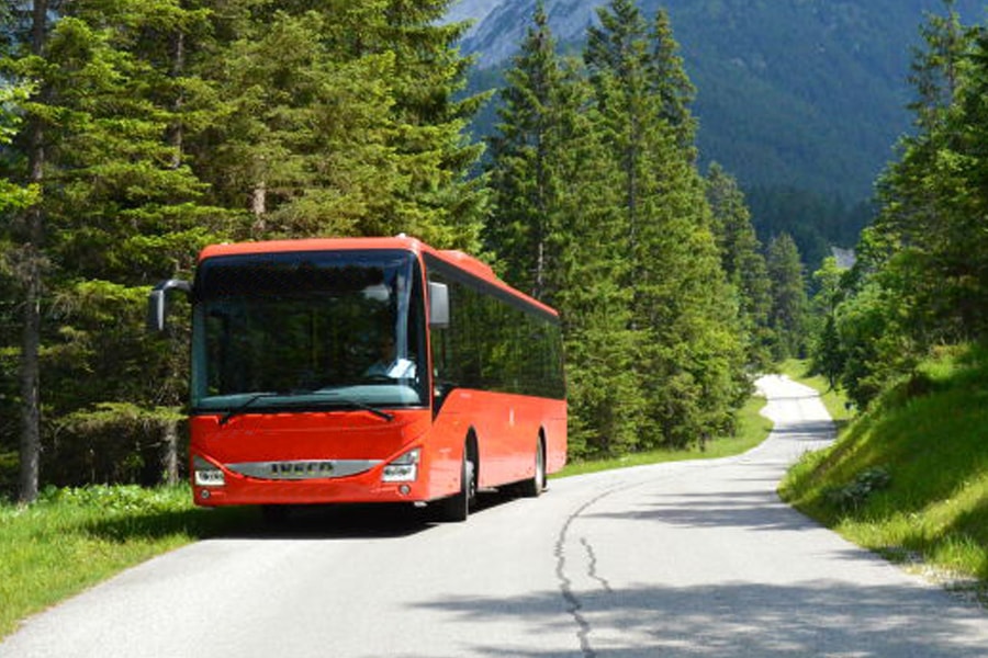 roter Bus fährt auf Straße an der viele Bäume stehen